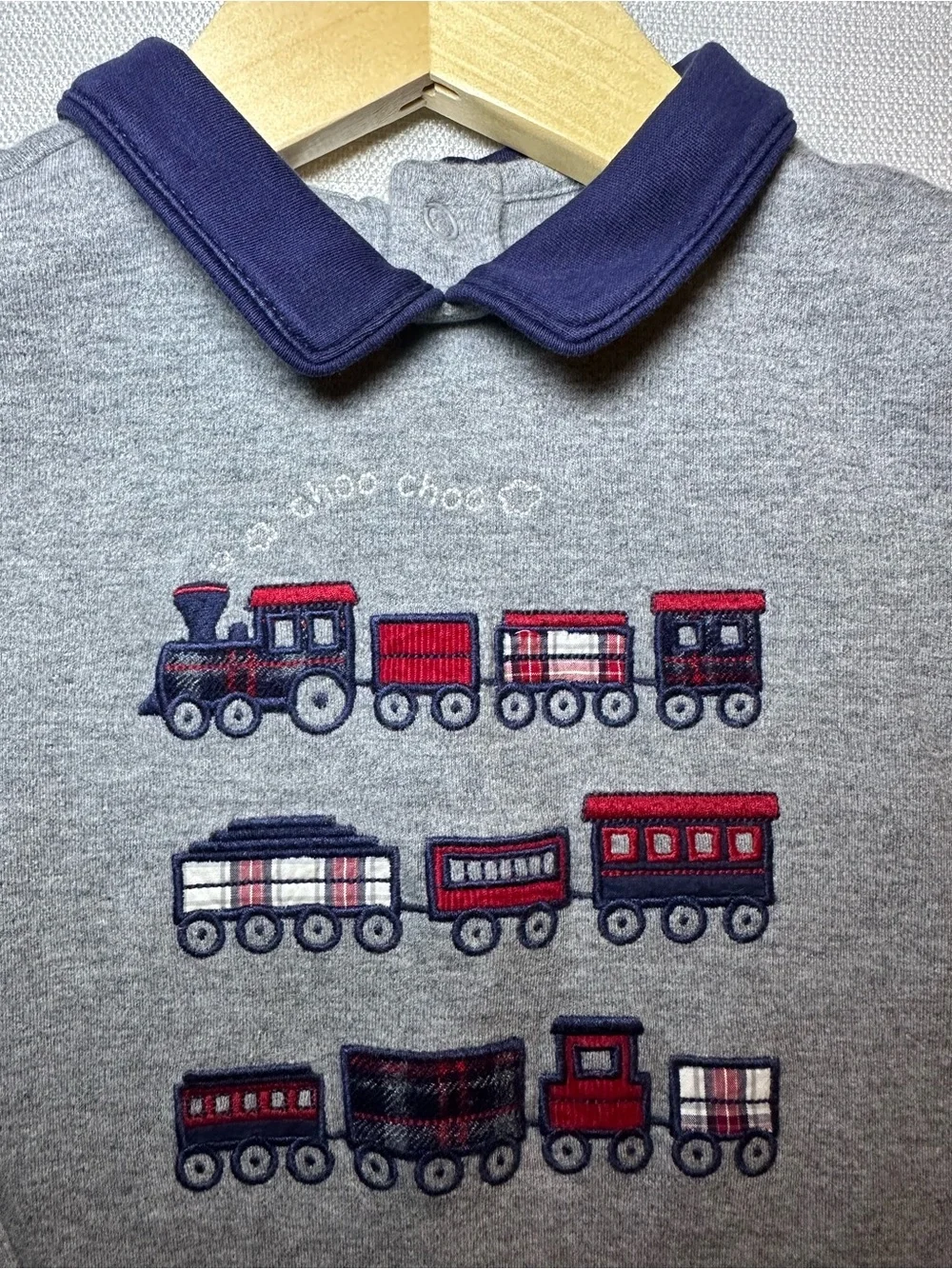 Janie and Jack Gray Train Applique Cotton Layette Romper 12-18M